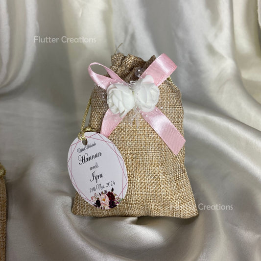 Khaki Jute Pouch with Ribbon, Flower & Tag