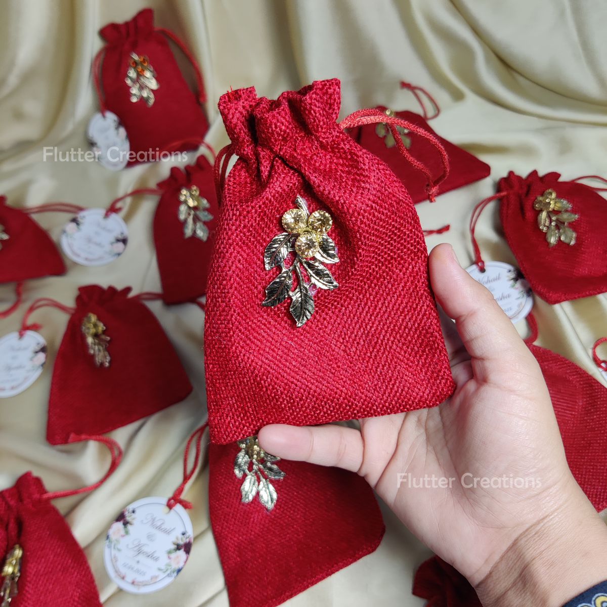 Maroon Jute Pouch with Gold Metal Leaf & Tag