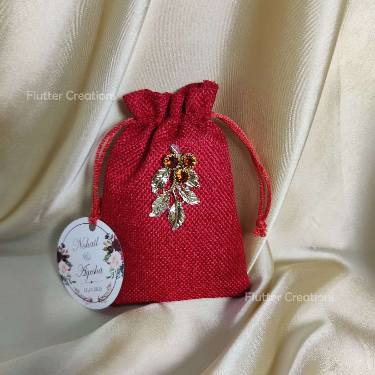 Maroon Jute Pouch with Gold Metal Leaf & Tag