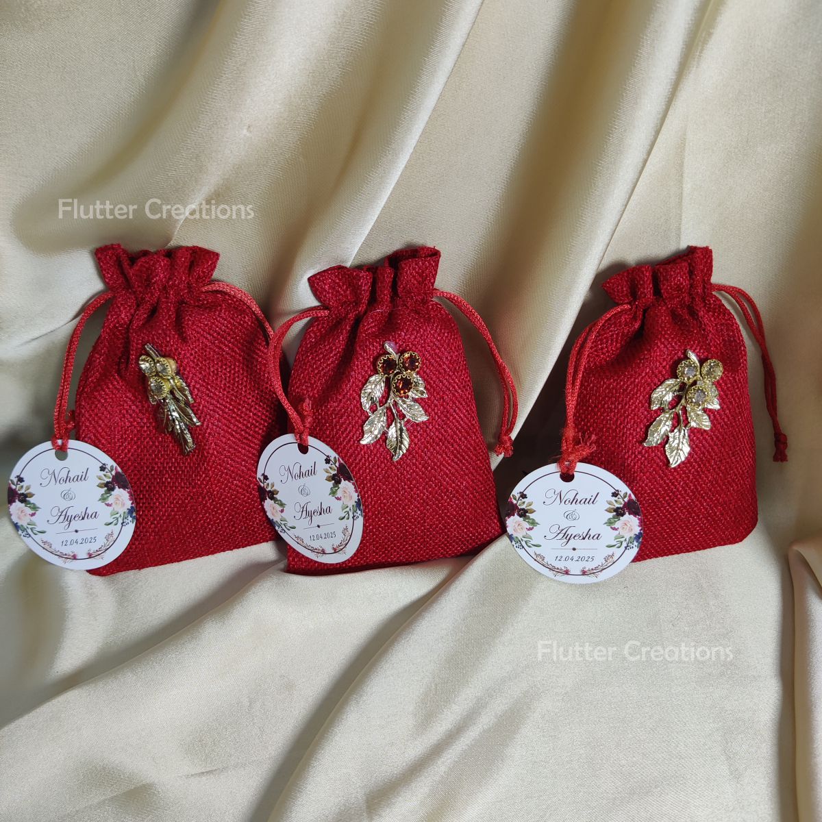 Maroon Jute Pouch with Gold Metal Leaf & Tag