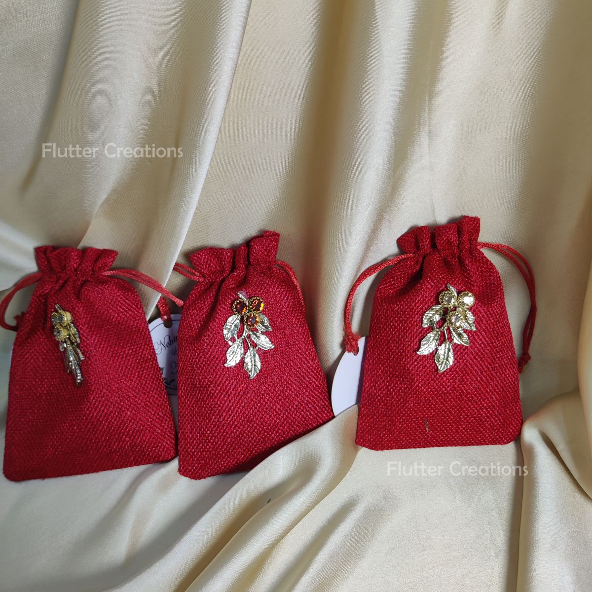Maroon Jute Pouch with Gold Metal Leaf & Tag