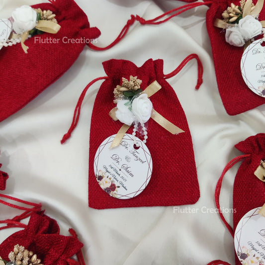 Jute Pouch with Flower, Ribbon & Tag