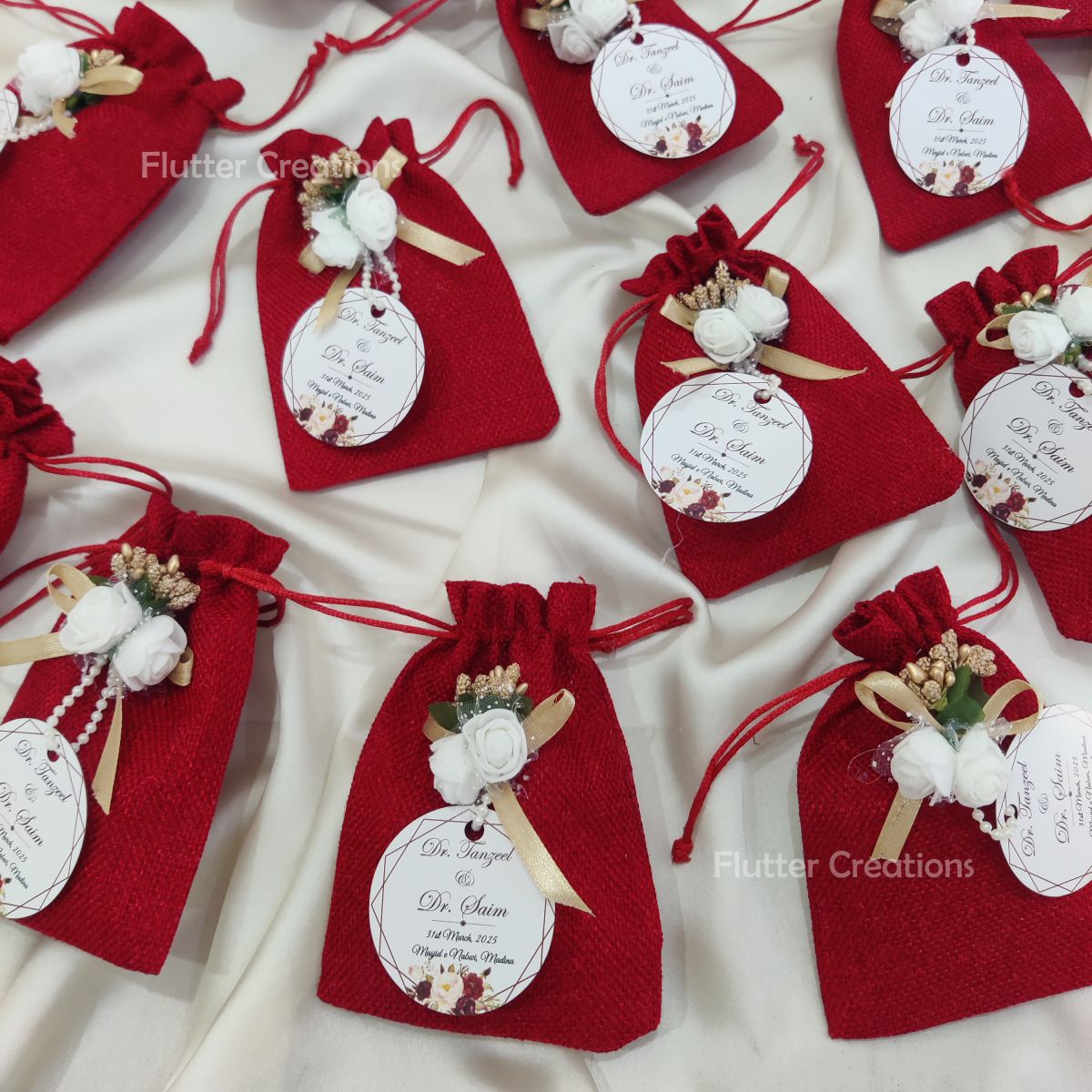 Jute Pouch with Flower, Ribbon & Tag