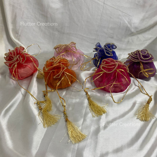Organza Pouch with Golden Beaded Lace (Multi Color)