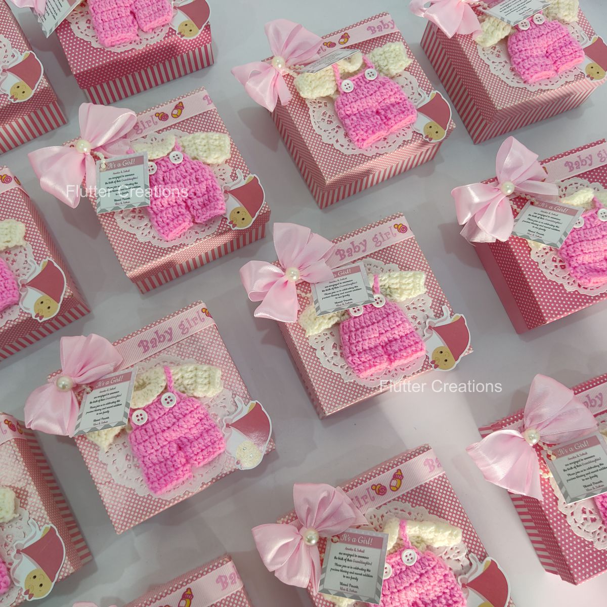 Crochet with Doily and Double Bow - Baby Girl Announcement Box