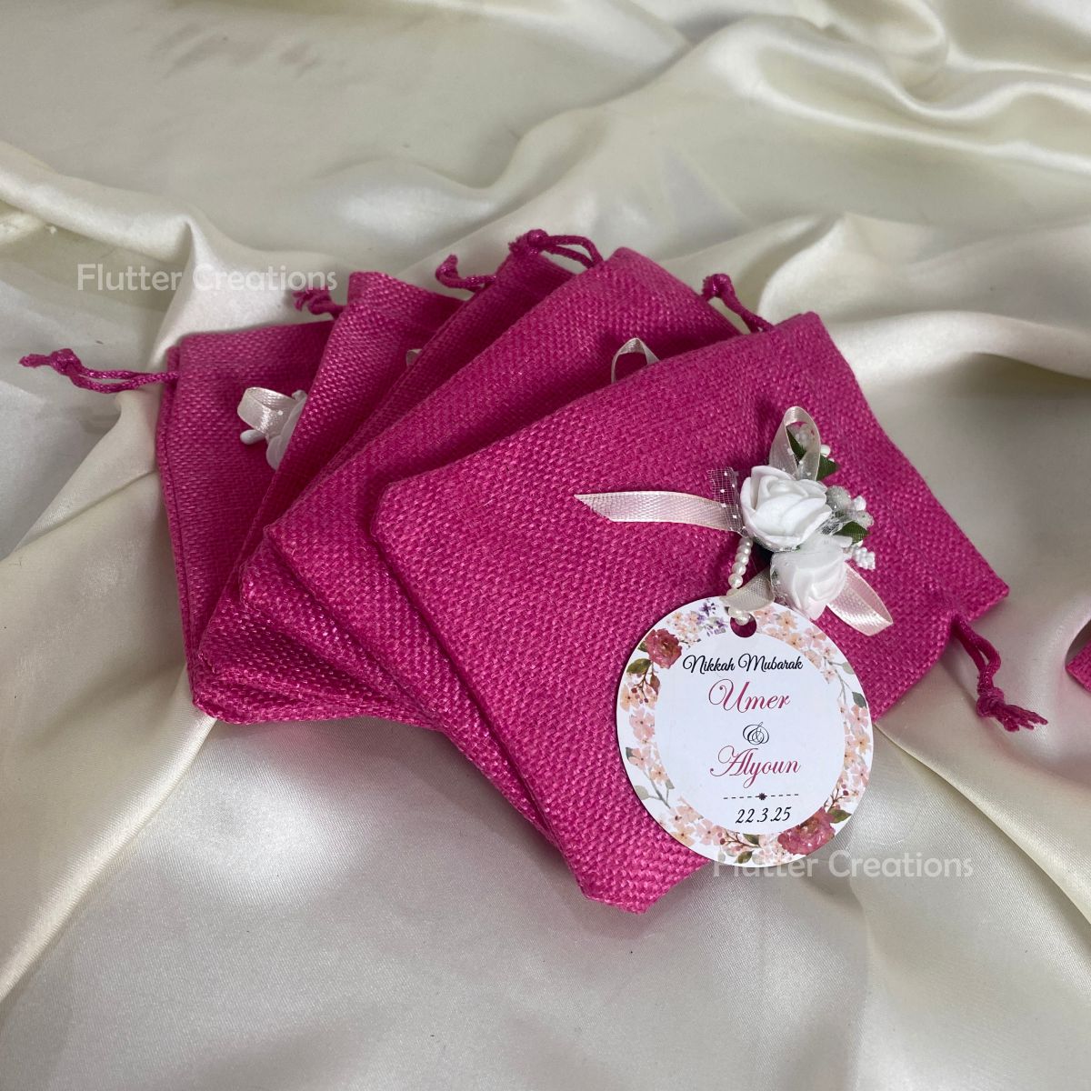 Pink Jute Pouch with Flower, Ribbon & Tag