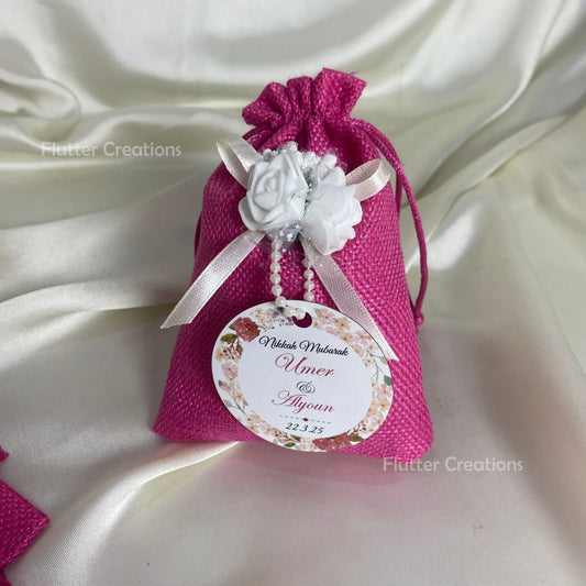 Pink Jute Pouch with Flower, Ribbon & Tag