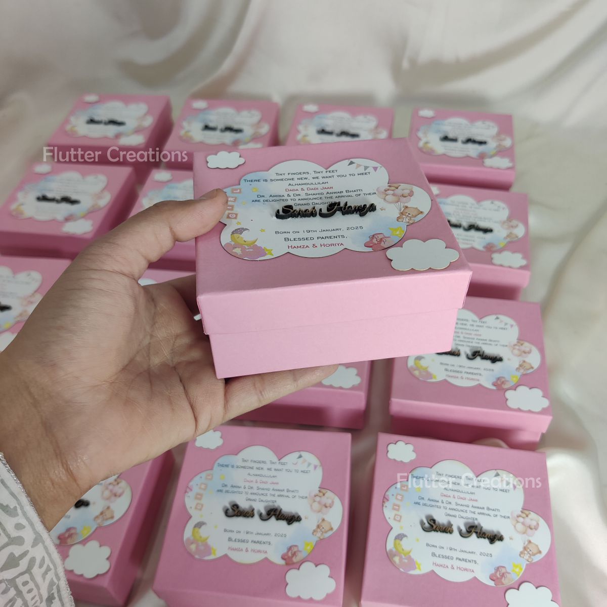 Baby Boy Announcement Box with Clouds and Wooden Name Cutout on Top