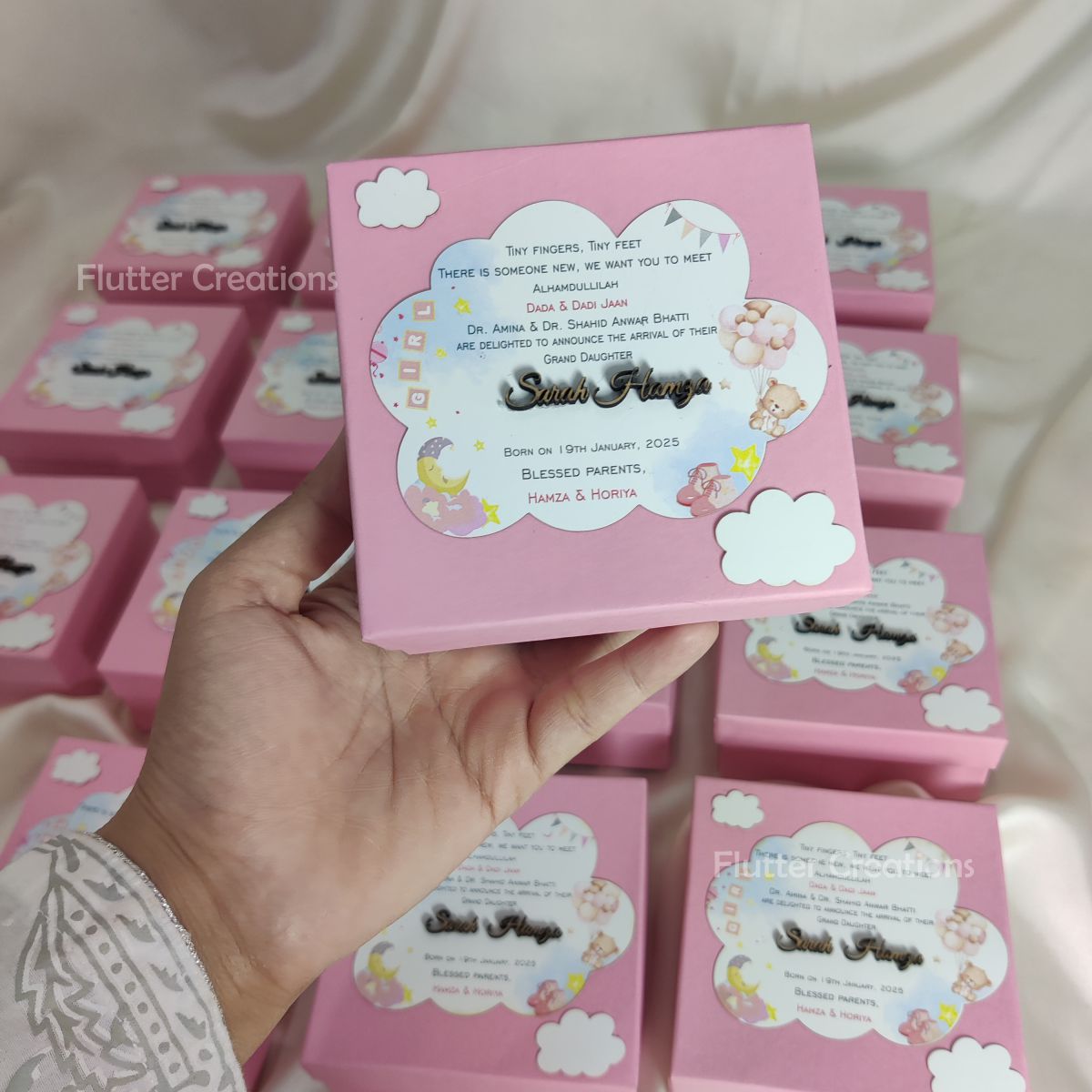 Baby Boy Announcement Box with Clouds and Wooden Name Cutout on Top