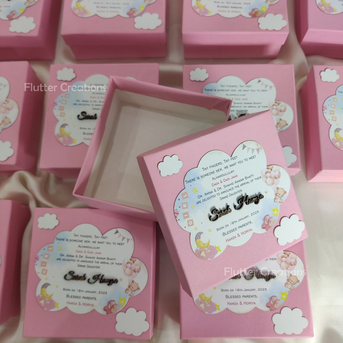 Baby Boy Announcement Box with Clouds and Wooden Name Cutout on Top