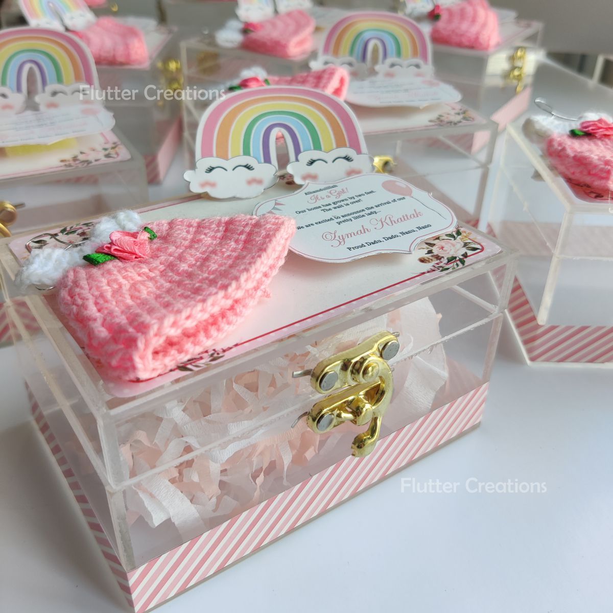 Baby Girl Announcement Acrylic Box - Pink Crochet with Rainbow
