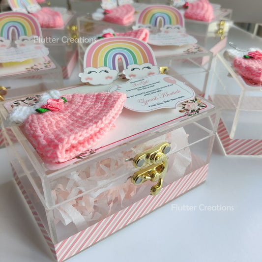 Baby Girl Announcement Acrylic Box - Pink Crochet with Rainbow