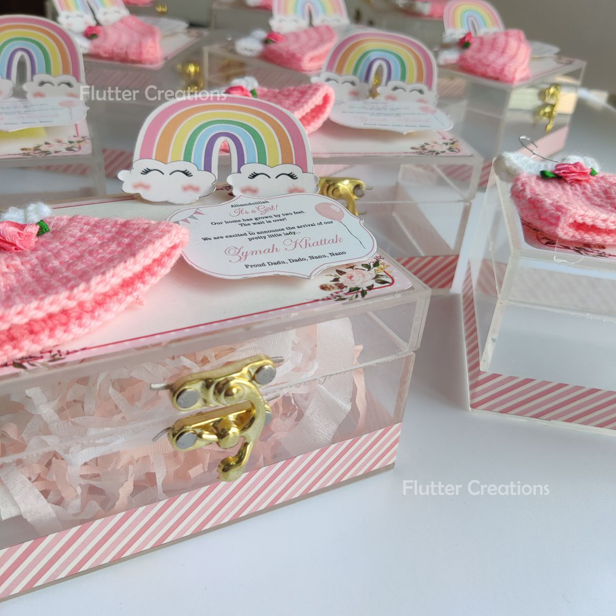 Baby Girl Announcement Acrylic Box - Pink Crochet with Rainbow