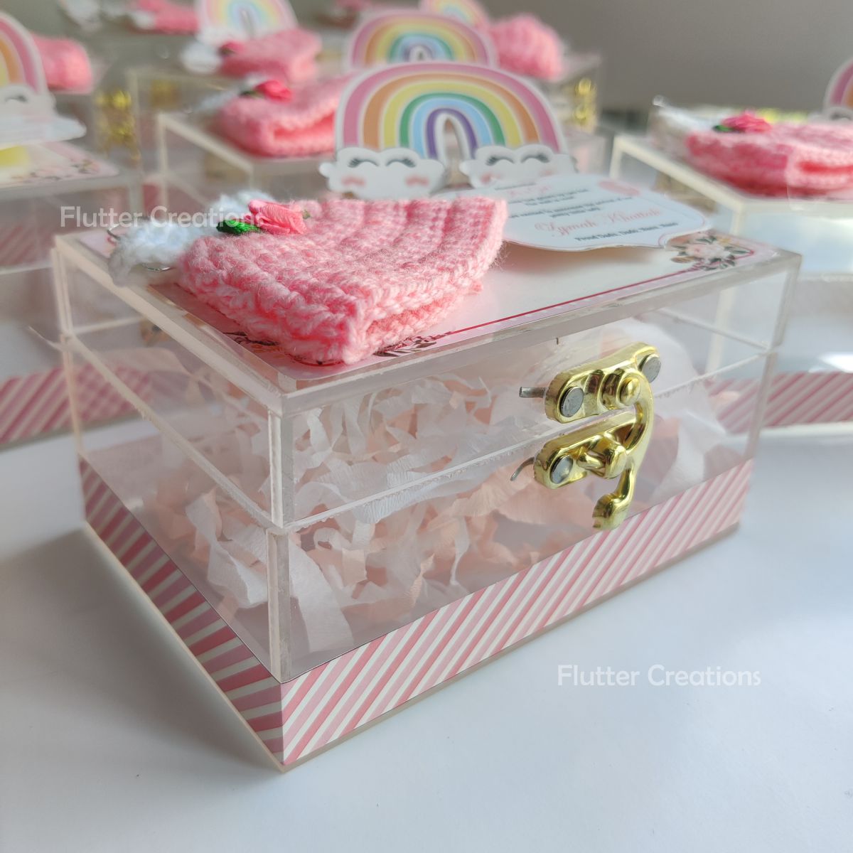 Baby Girl Announcement Acrylic Box - Pink Crochet with Rainbow
