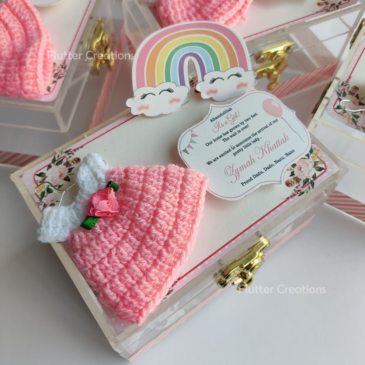 Baby Girl Announcement Acrylic Box - Pink Crochet with Rainbow