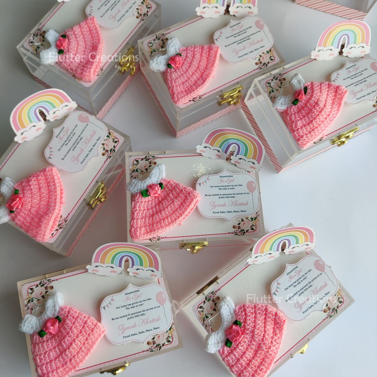 Baby Girl Announcement Acrylic Box - Pink Crochet with Rainbow