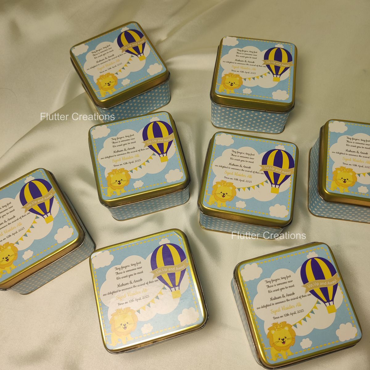 Hot Air Design Square Tin Box - Baby Boy Announcement