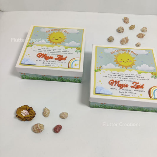 Baby Boy Announcement Box Sunshine Desing with Name Cutout on Top