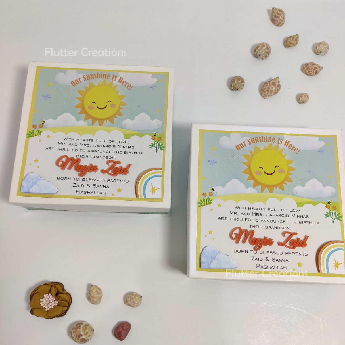 Baby Boy Announcement Box Sunshine Desing with Name Cutout on Top