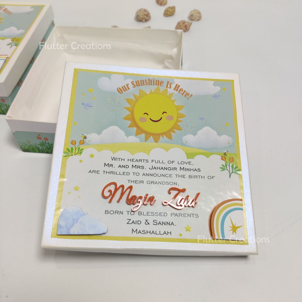 Baby Boy Announcement Box Sunshine Desing with Name Cutout on Top