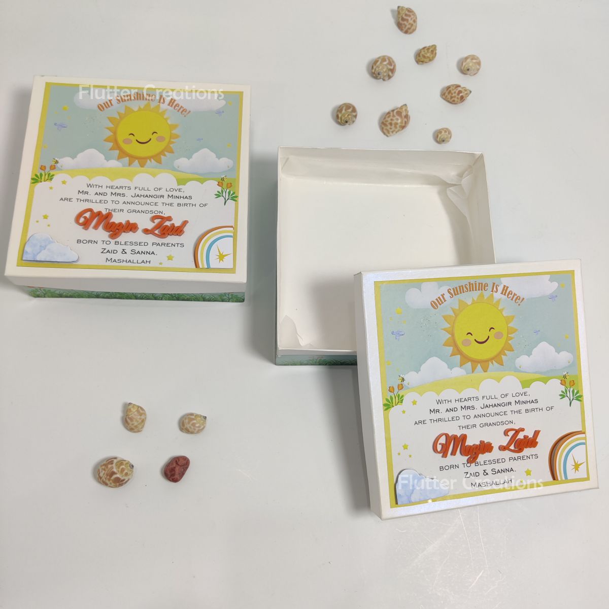 Baby Boy Announcement Box Sunshine Desing with Name Cutout on Top