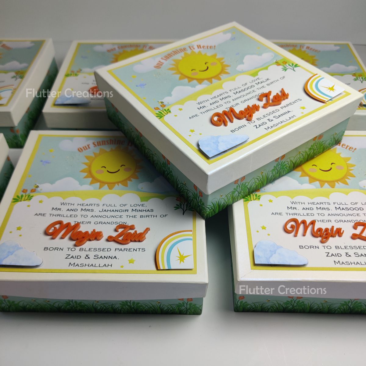 Baby Boy Announcement Box Sunshine Desing with Name Cutout on Top
