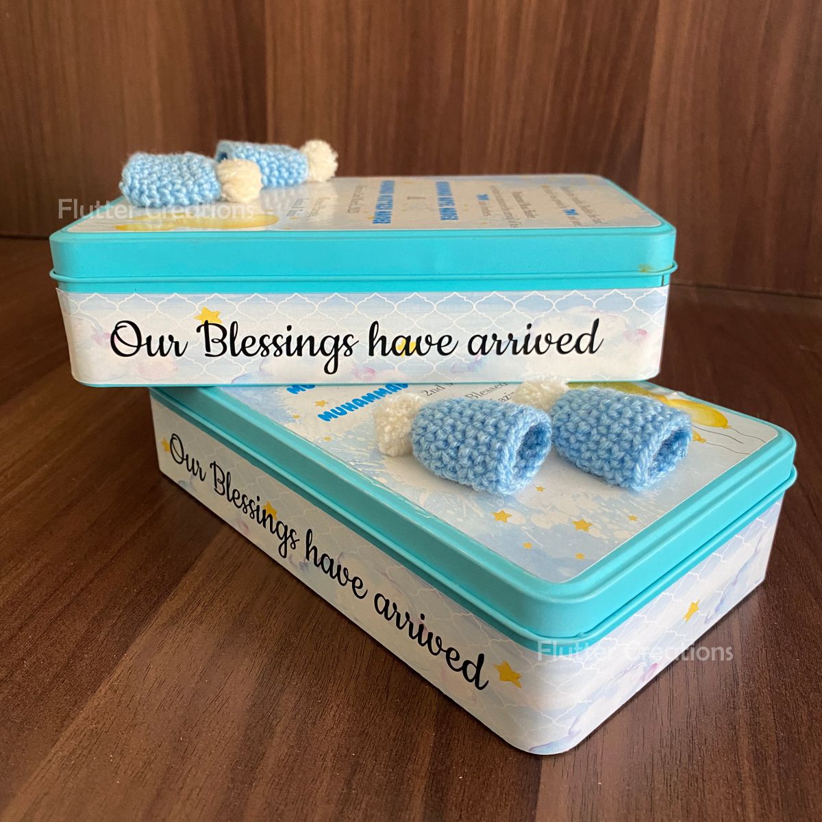 Baby Boy Announcement Box - Tin Metal with Double Crochet Cap