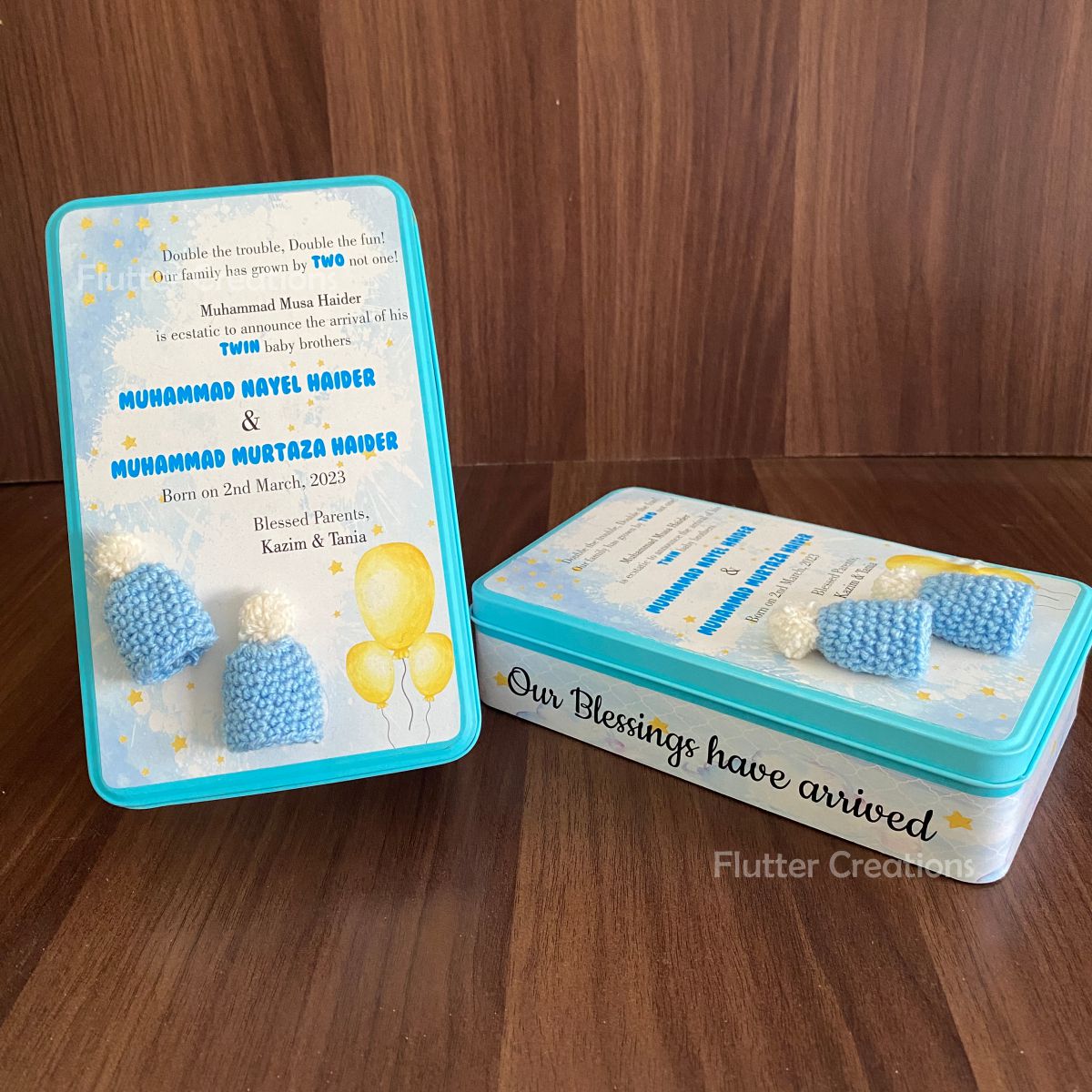 Baby Boy Announcement Box - Tin Metal with Double Crochet Cap