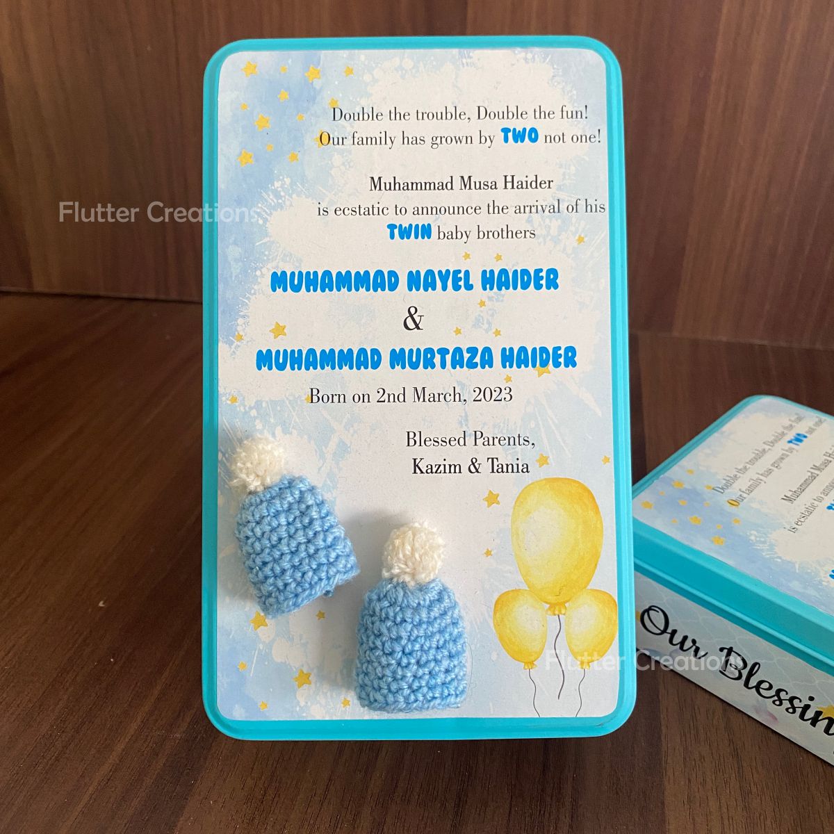 Baby Boy Announcement Box - Tin Metal with Double Crochet Cap