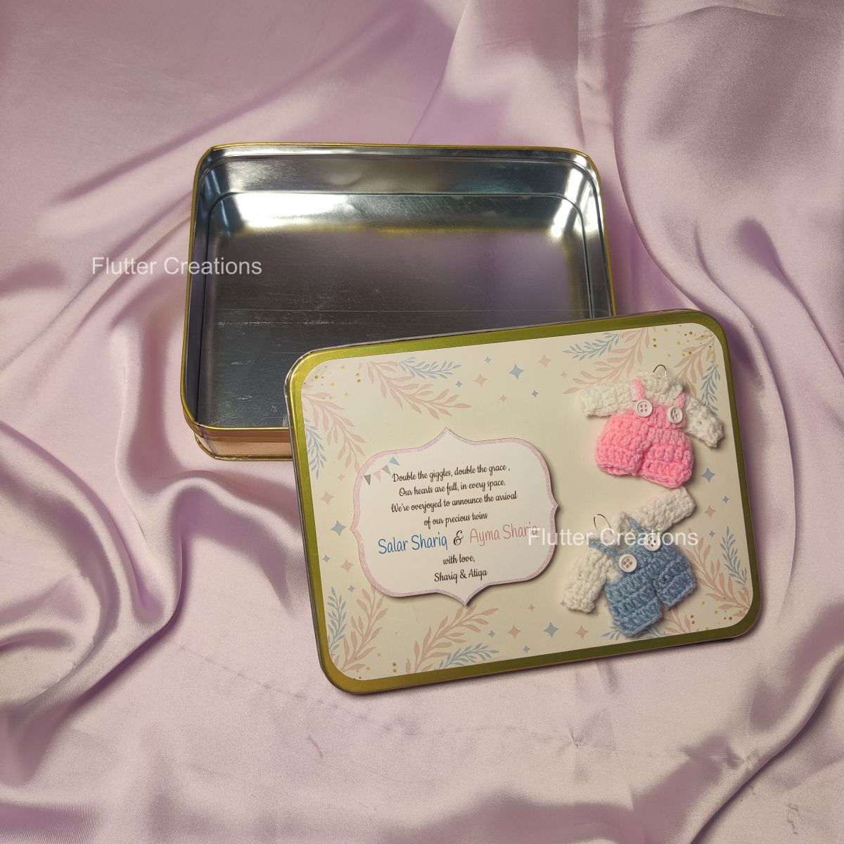 Twin Baby Announcement Tin Box - Crochet Design
