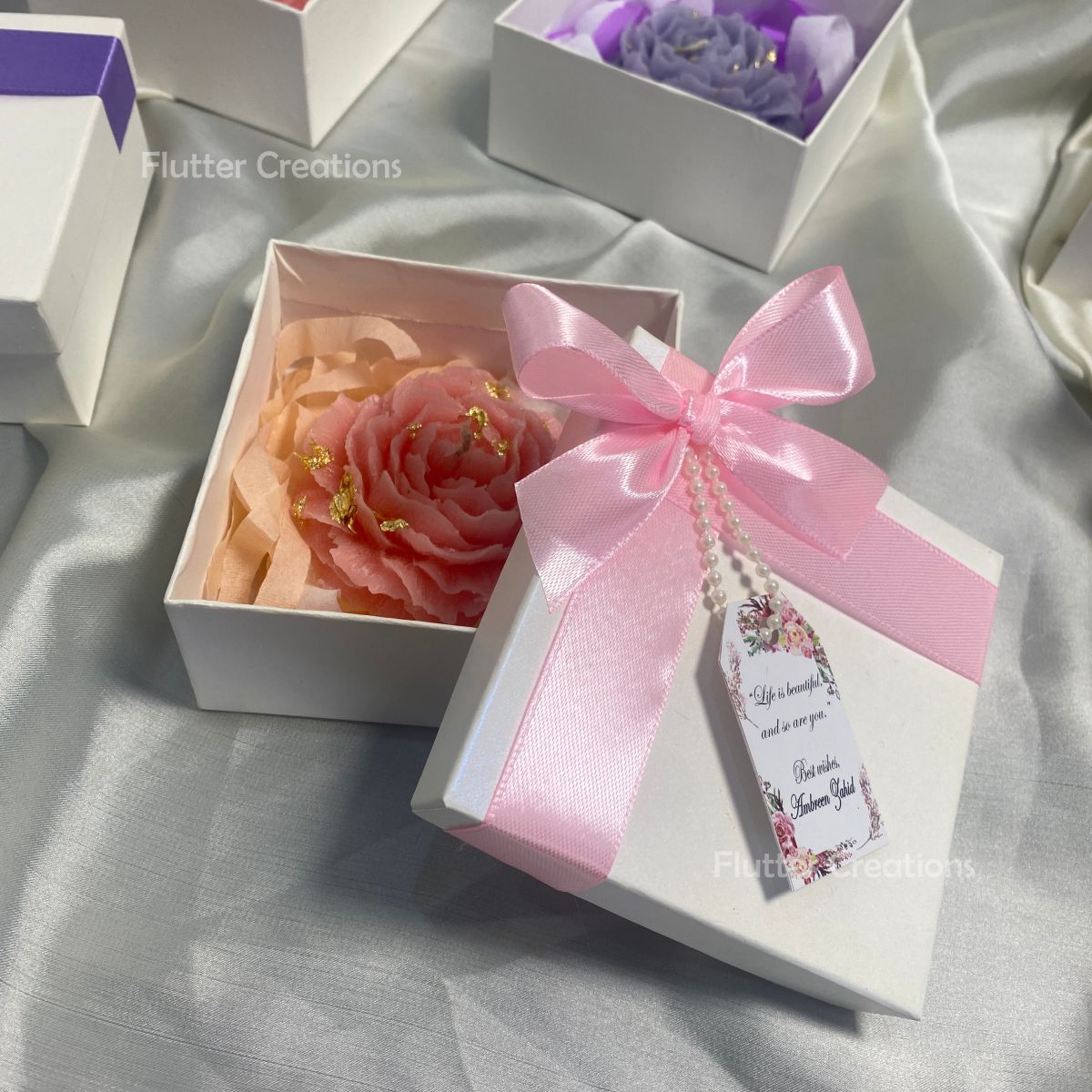Gift Box with Ribbon, Stamen & Tag (Pink)