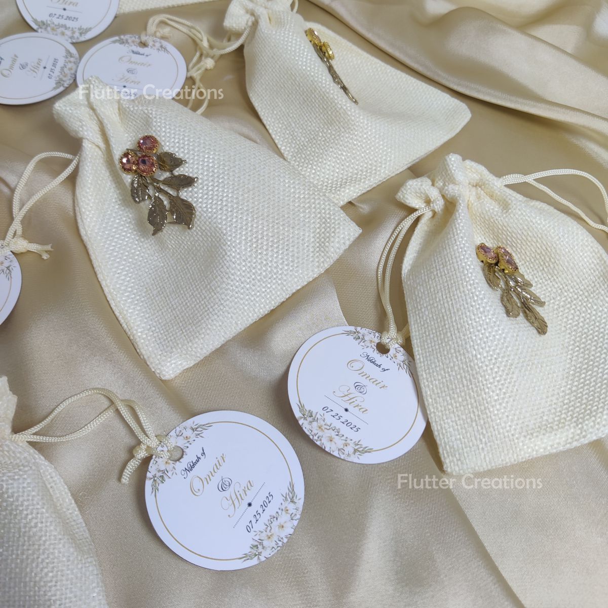 White Jute Pouch with Gold Metal Leaf & Name Tag
