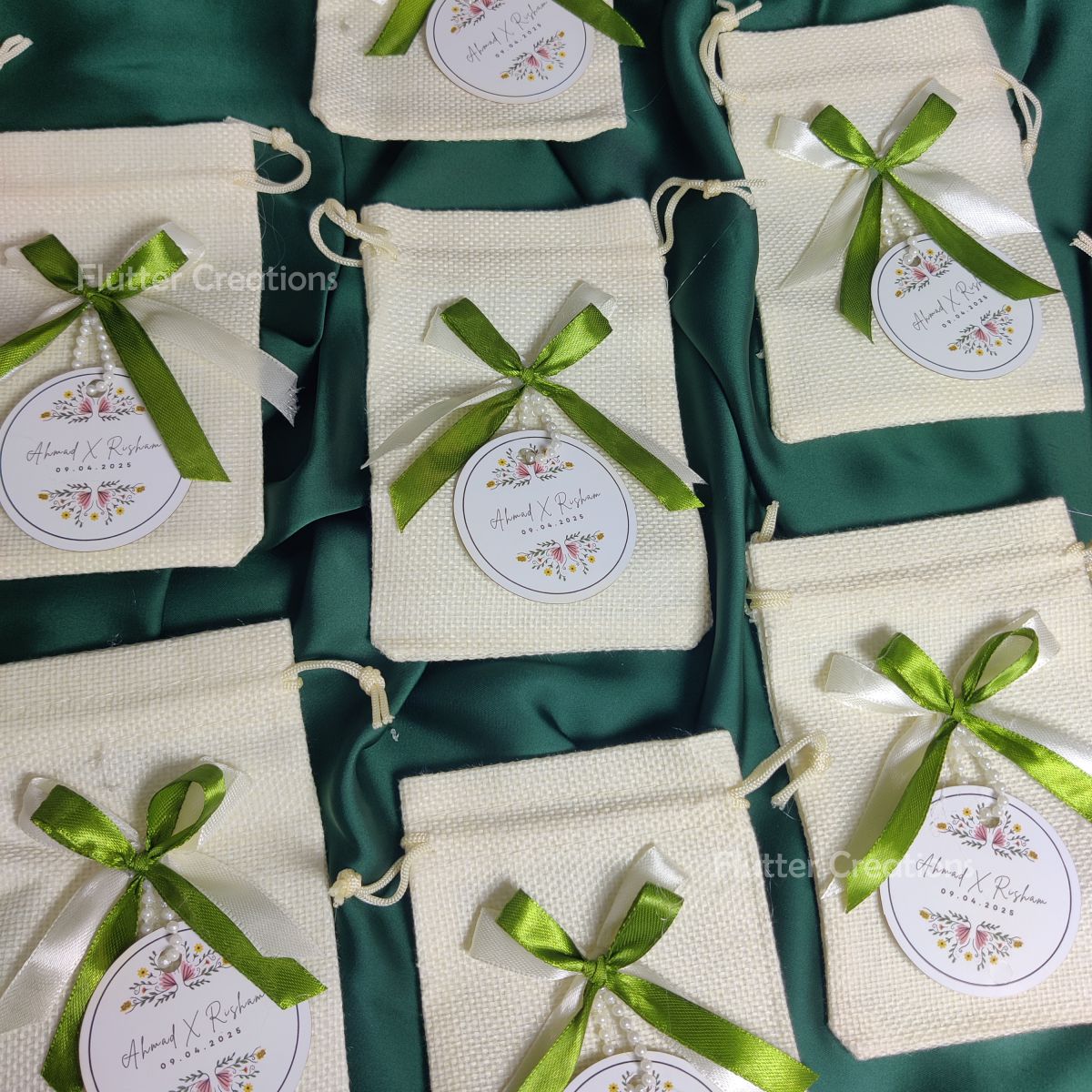 White Jute Pouch with Double Ribbons & Tag