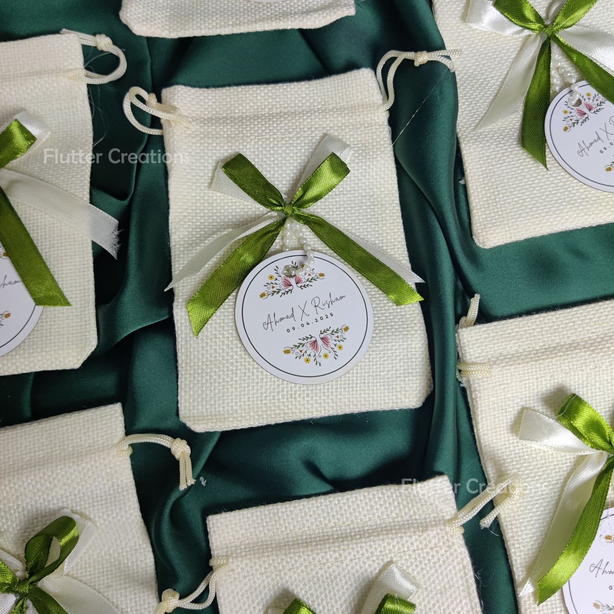 White Jute Pouch with Double Ribbons & Tag