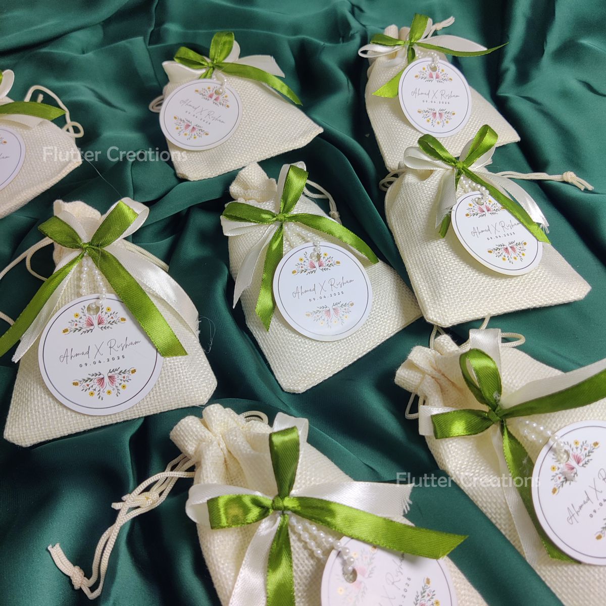 White Jute Pouch with Double Ribbons & Tag