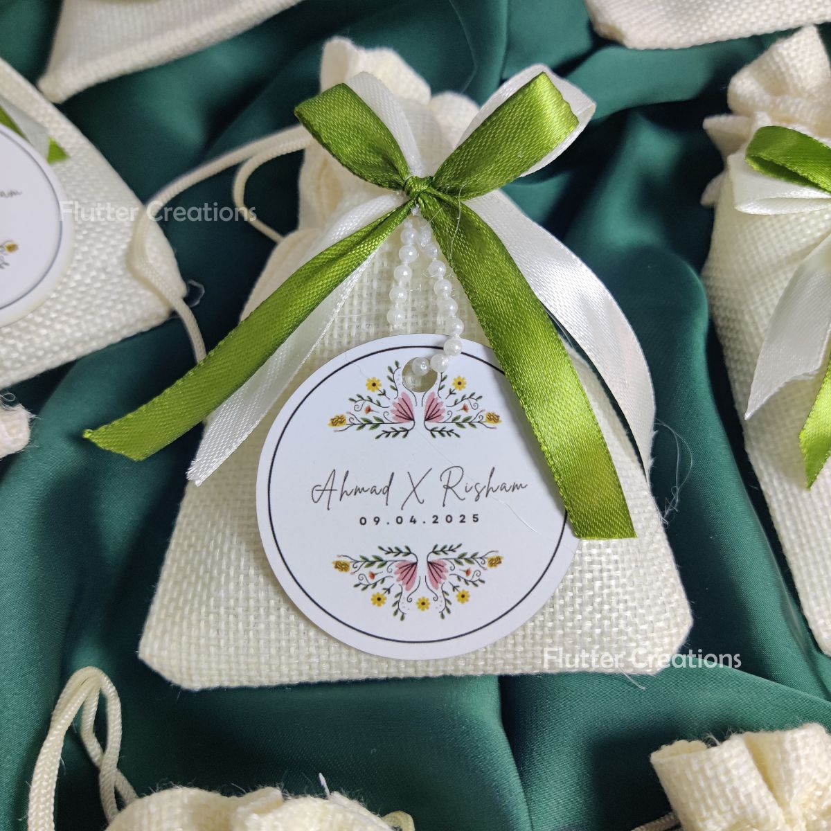 White Jute Pouch with Double Ribbons & Tag