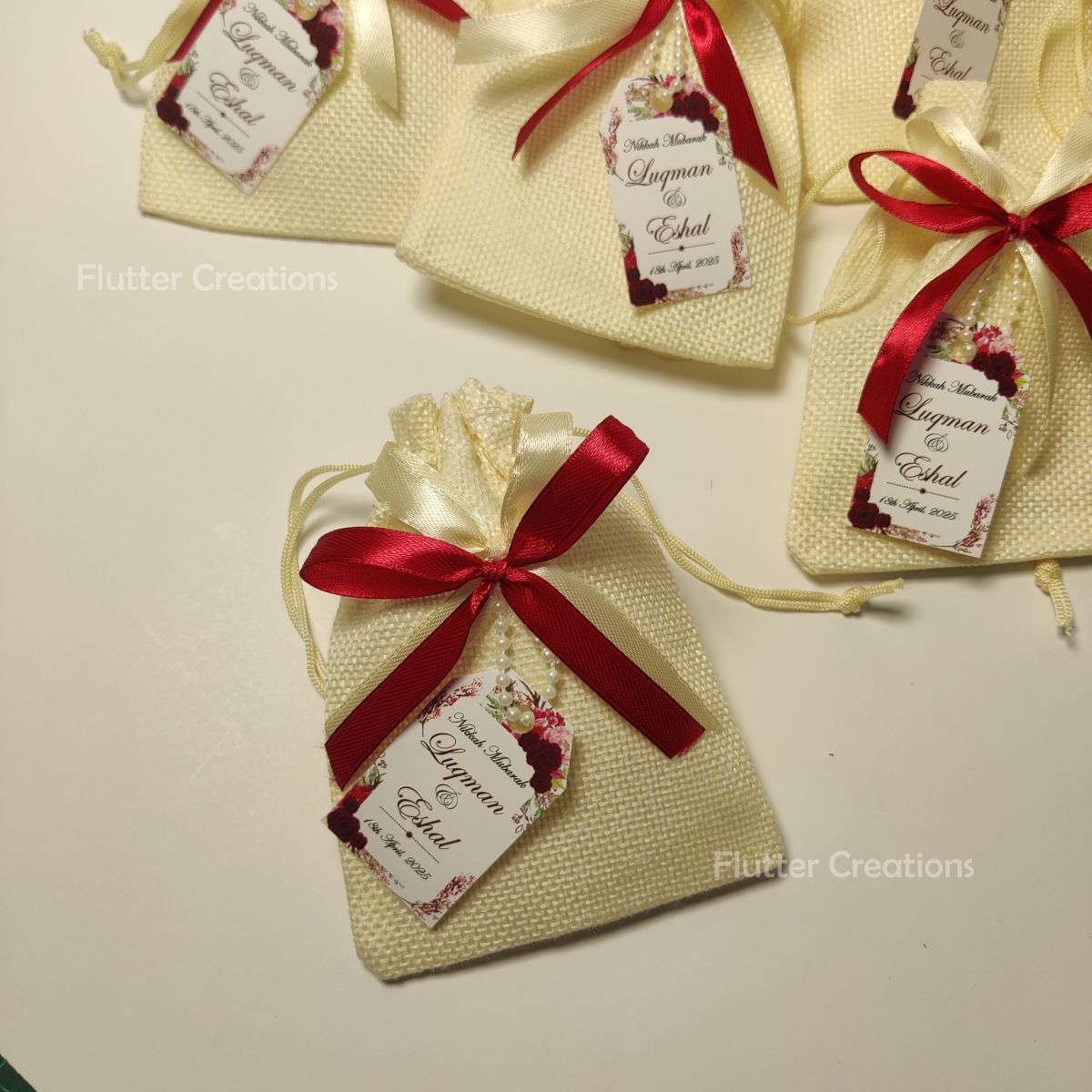 White Jute Pouch with Double Ribbons & Tag