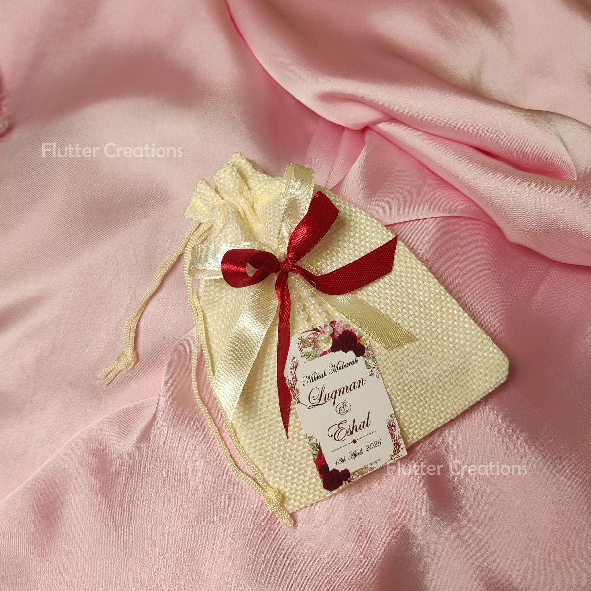 White Jute Pouch with Double Ribbons & Tag