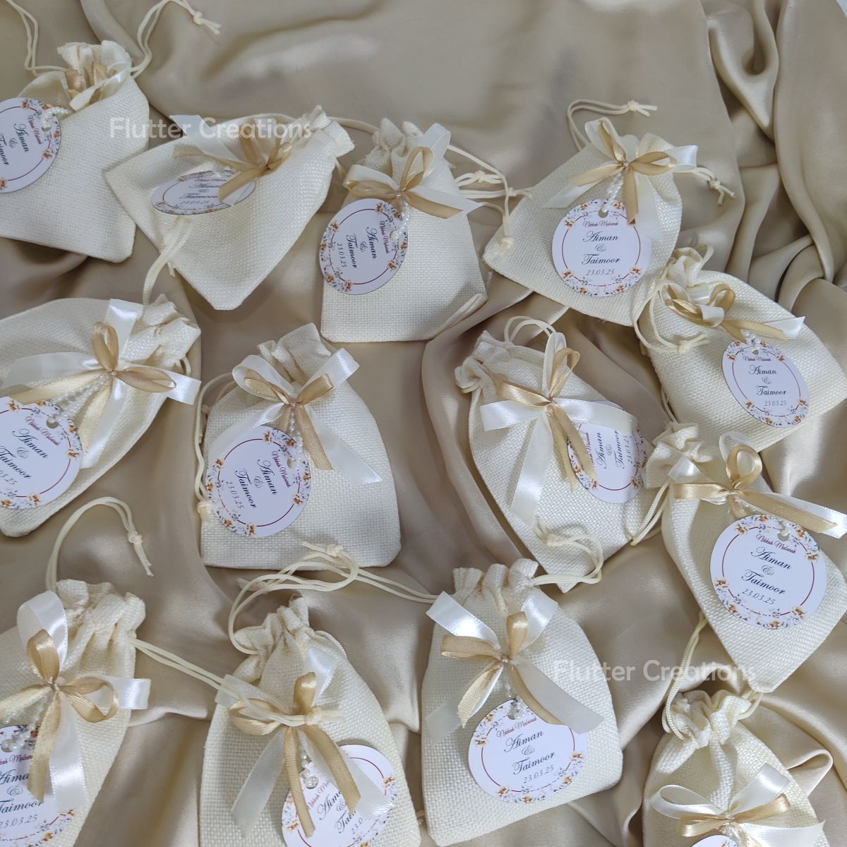 White Jute Pouch with Double Ribbons & Tag