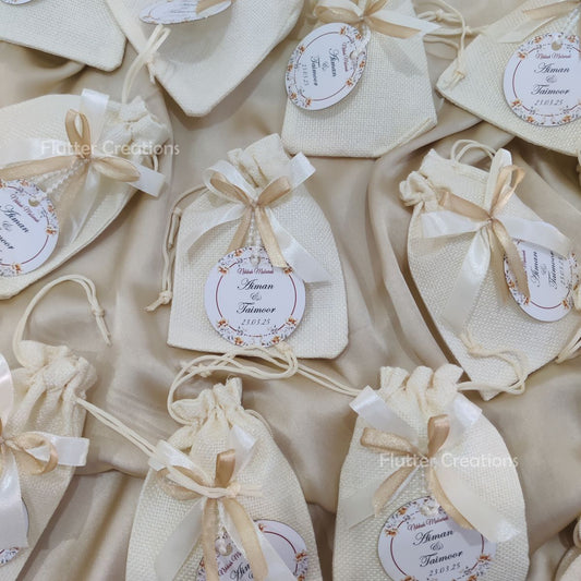 White Jute Pouch with Double Ribbons & Tag