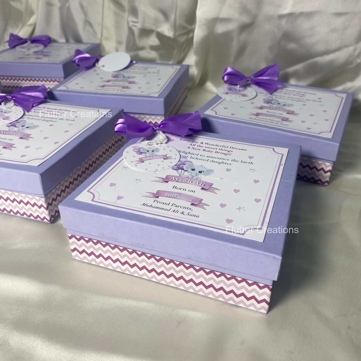 Elephant Design - Baby Girl Announcement Box (Lilac)