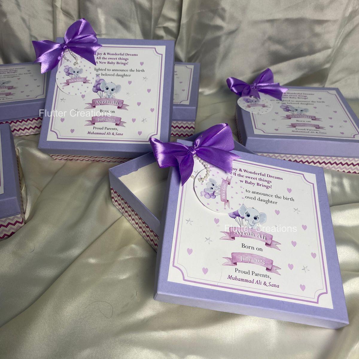 Elephant Design - Baby Girl Announcement Box (Lilac)