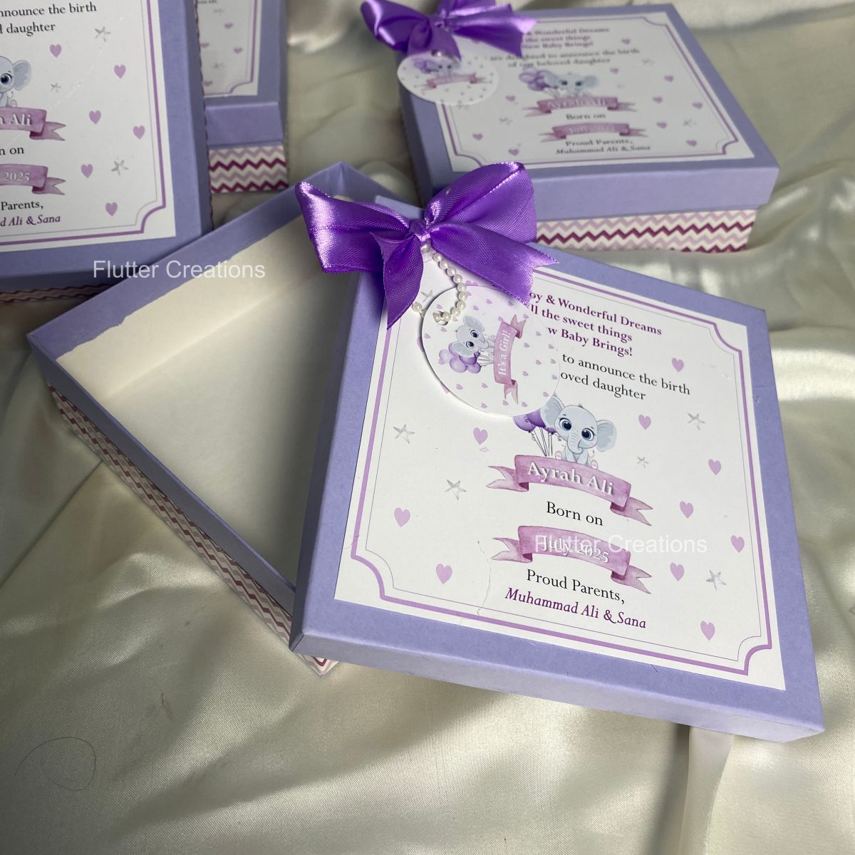 Elephant Design - Baby Girl Announcement Box (Lilac)