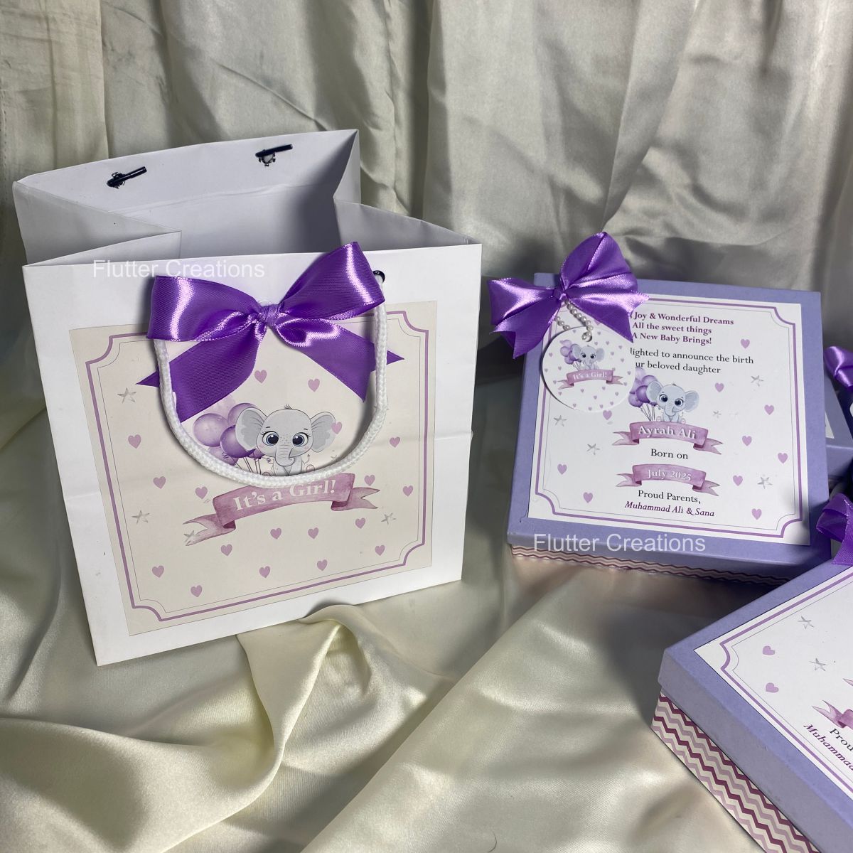 Elephant Design - Baby Girl Announcement Box (Lilac)