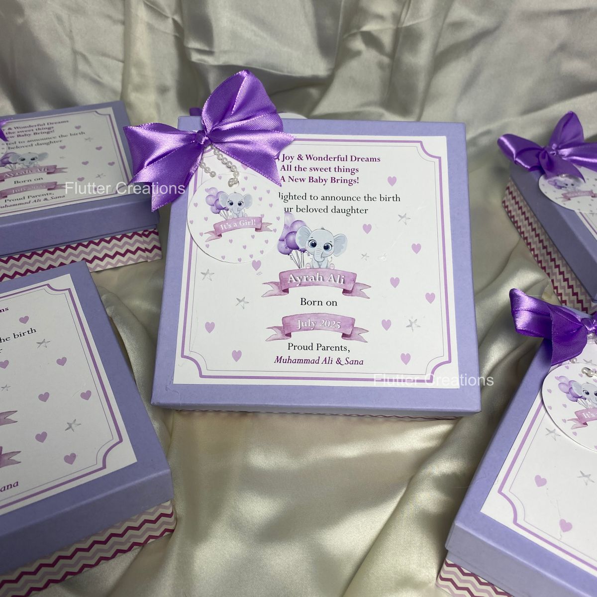 Elephant Design - Baby Girl Announcement Box (Lilac)