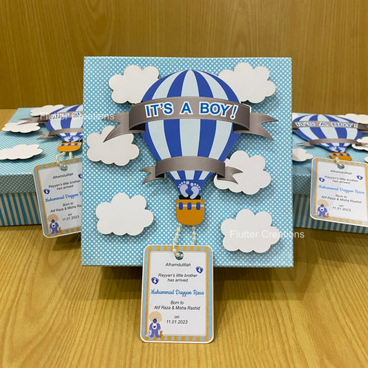 Hot Air Ballon with Clouds - Baby Boy Announcement Box