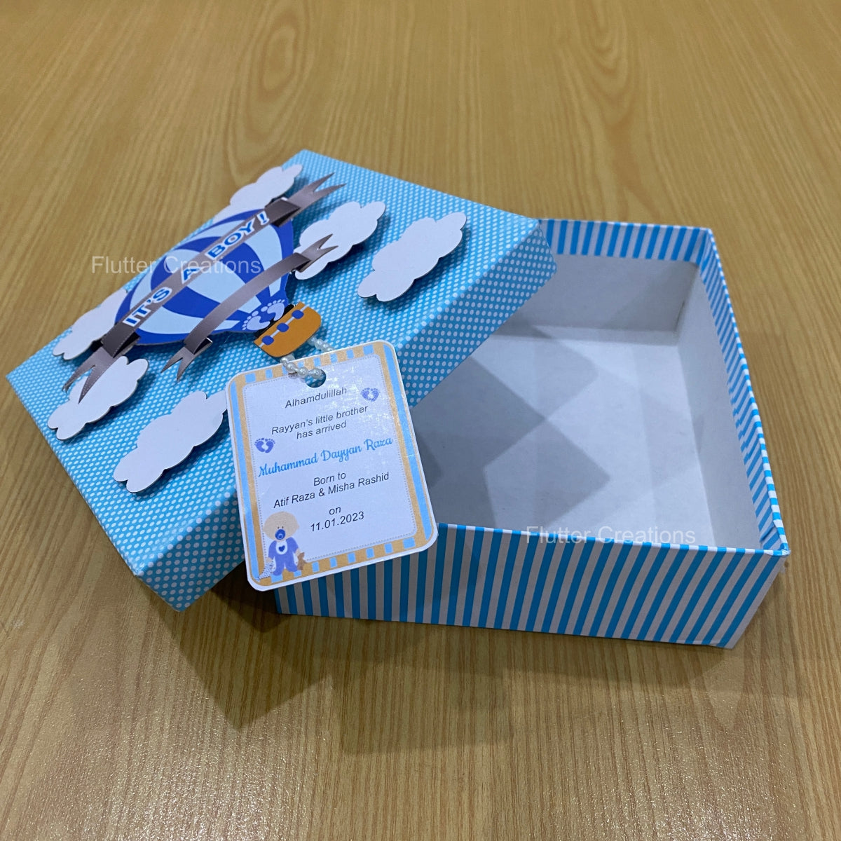 Hot Air Ballon with Clouds - Baby Boy Announcement Box
