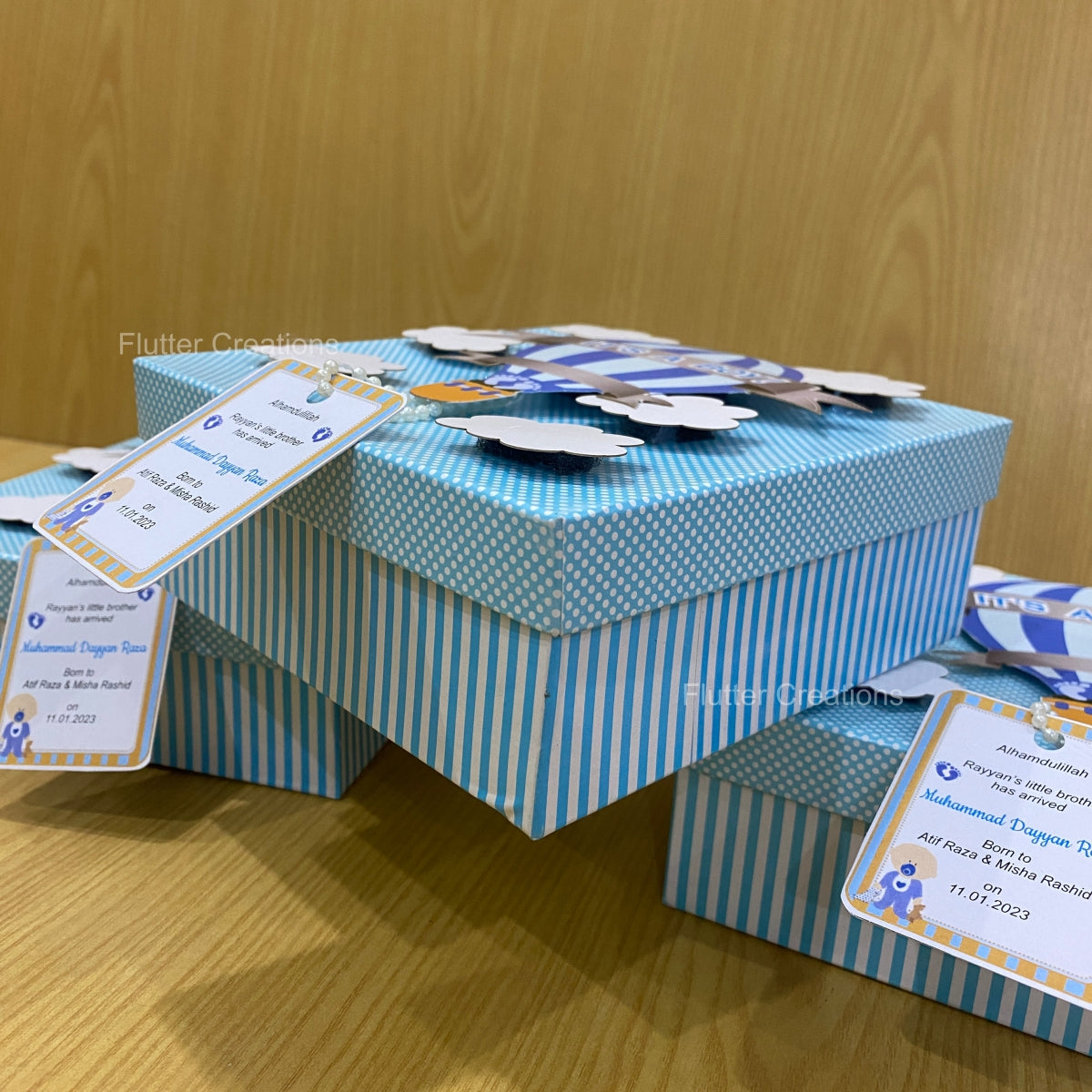 Hot Air Ballon with Clouds - Baby Boy Announcement Box