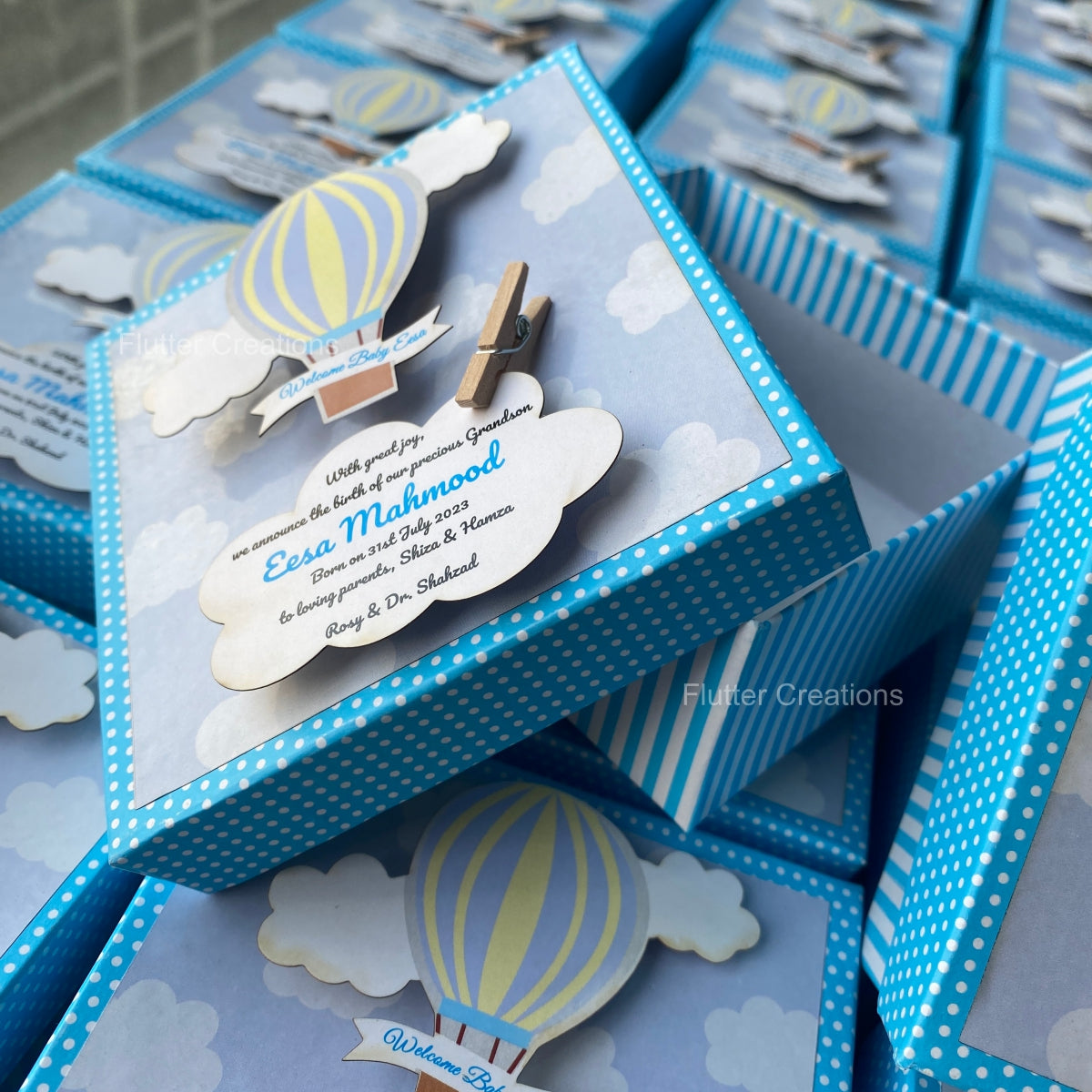 Hot Air Ballon with Wooden Clip - Baby Boy Announcement Box