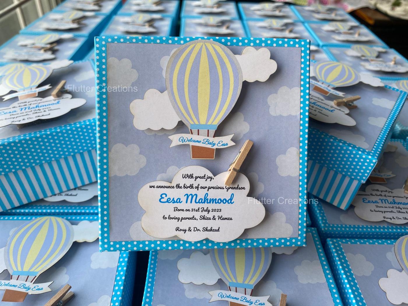 Hot Air Ballon with Wooden Clip - Baby Boy Announcement Box